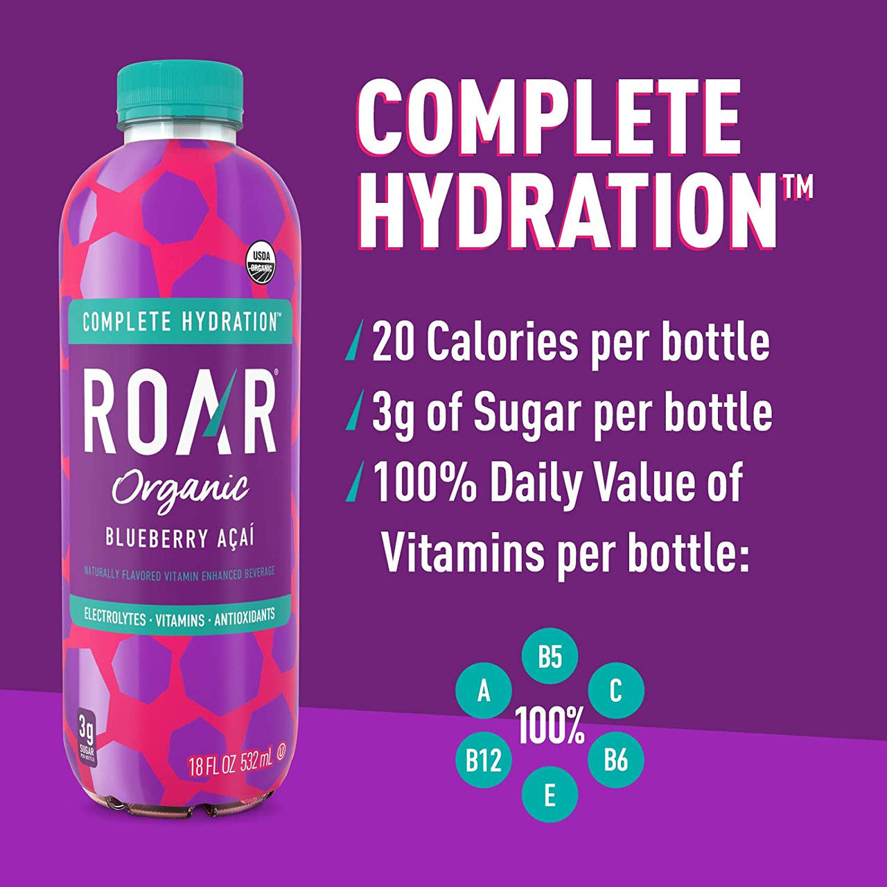 Roar Organic Blueberry Acai Vitamin Enhanced Beverage, 532mL/18.6 fl. oz., Bottle {Imported from Canada}