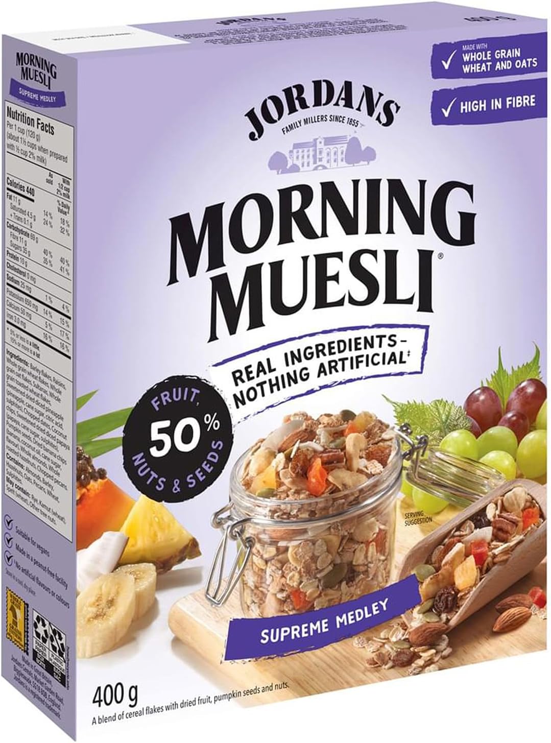 Jordans Morning Muesli Cereal, Supreme Medley, 400g/14 oz. Box, front of box.