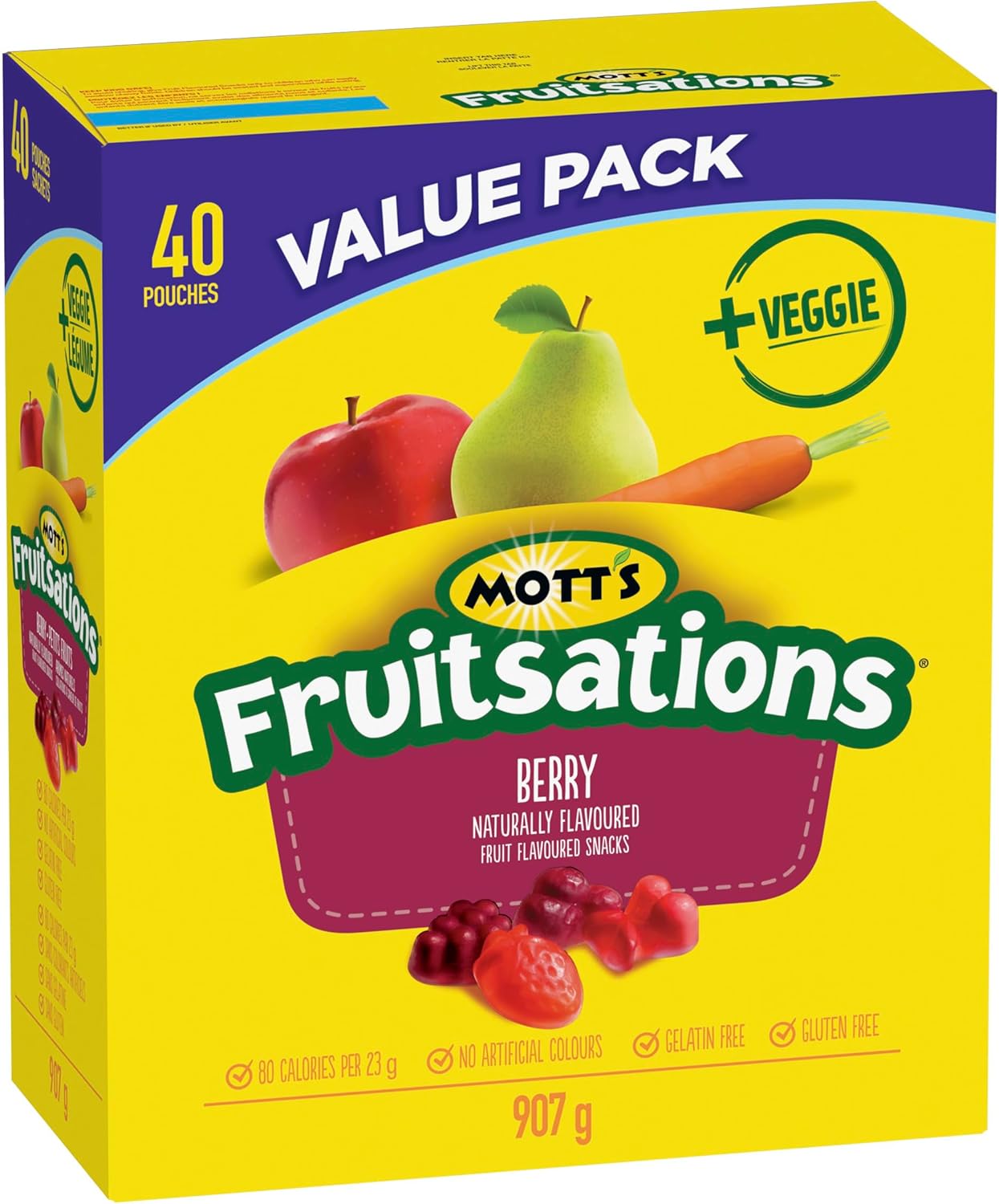 Box of Mott's Fruitsations + Veggie Berry Gummies, 40 Pouches - 907g with colorful graphics on a yellow background.
