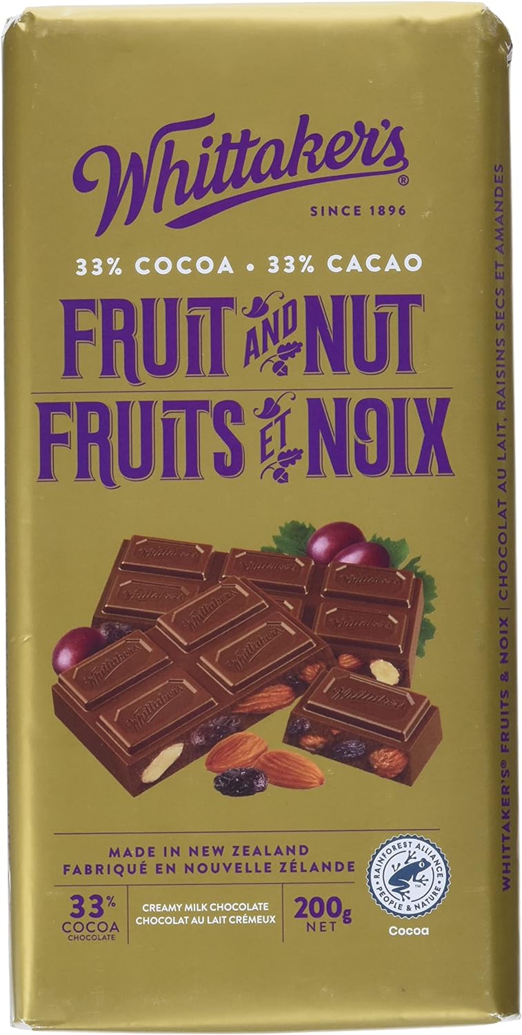Whittaker's Fruit & Nut 33% Cocoa Milk Chocolate Bar, 200g/7 oz. Bar