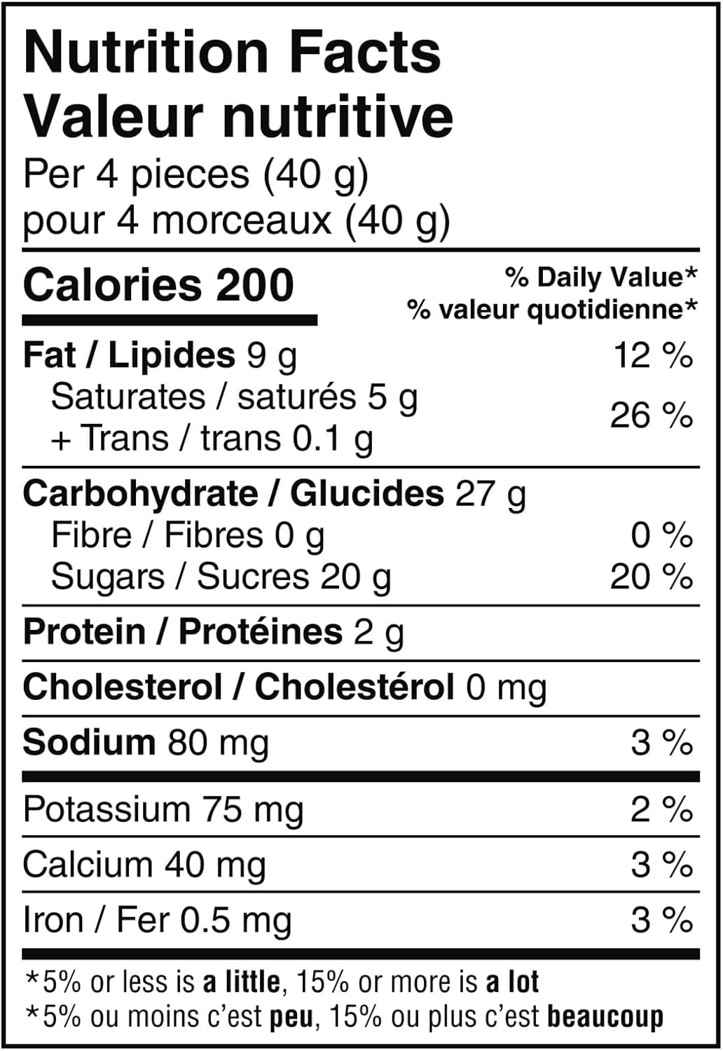 Twix Caramel Milk Chocolate Snack Size Cookie Bars (8x10g), 80g/2.8 oz - Nutrition Facts Label