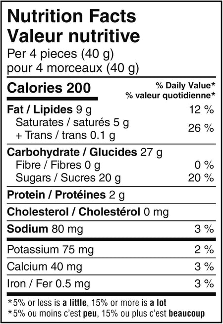 Twix Caramel Milk Chocolate Snack Size Cookie Bars (8x10g), 80g/2.8 oz - Nutrition Facts Label
