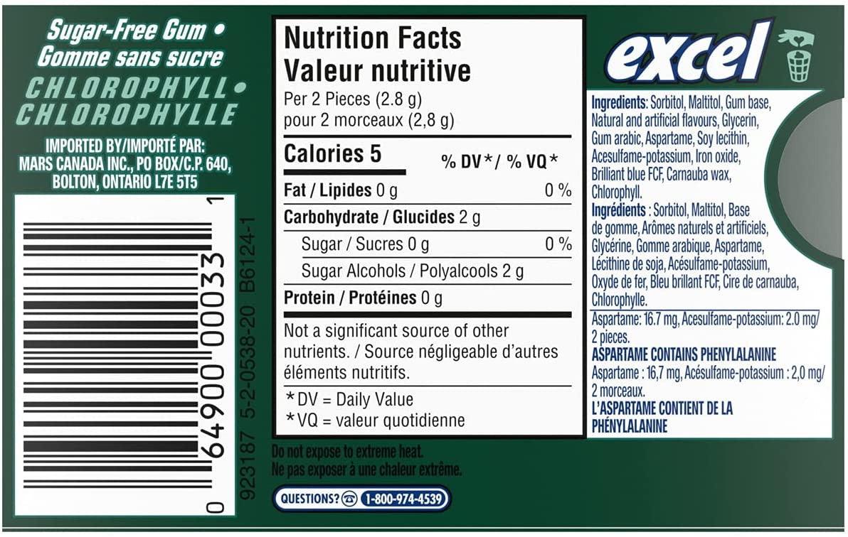 Excel Sugar Free Gum Chlorophyll 3-Pack, 18 pieces each {Imported from Canada}
