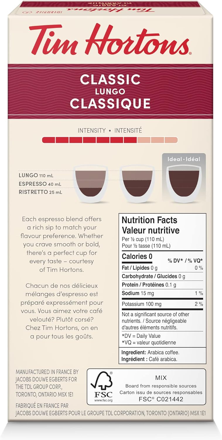 Tim Hortons Classic Lungo, Rich & Refined Coffee, Nespresso Aluminum Capsules, 10 Capsules, 52g/1.8 oz