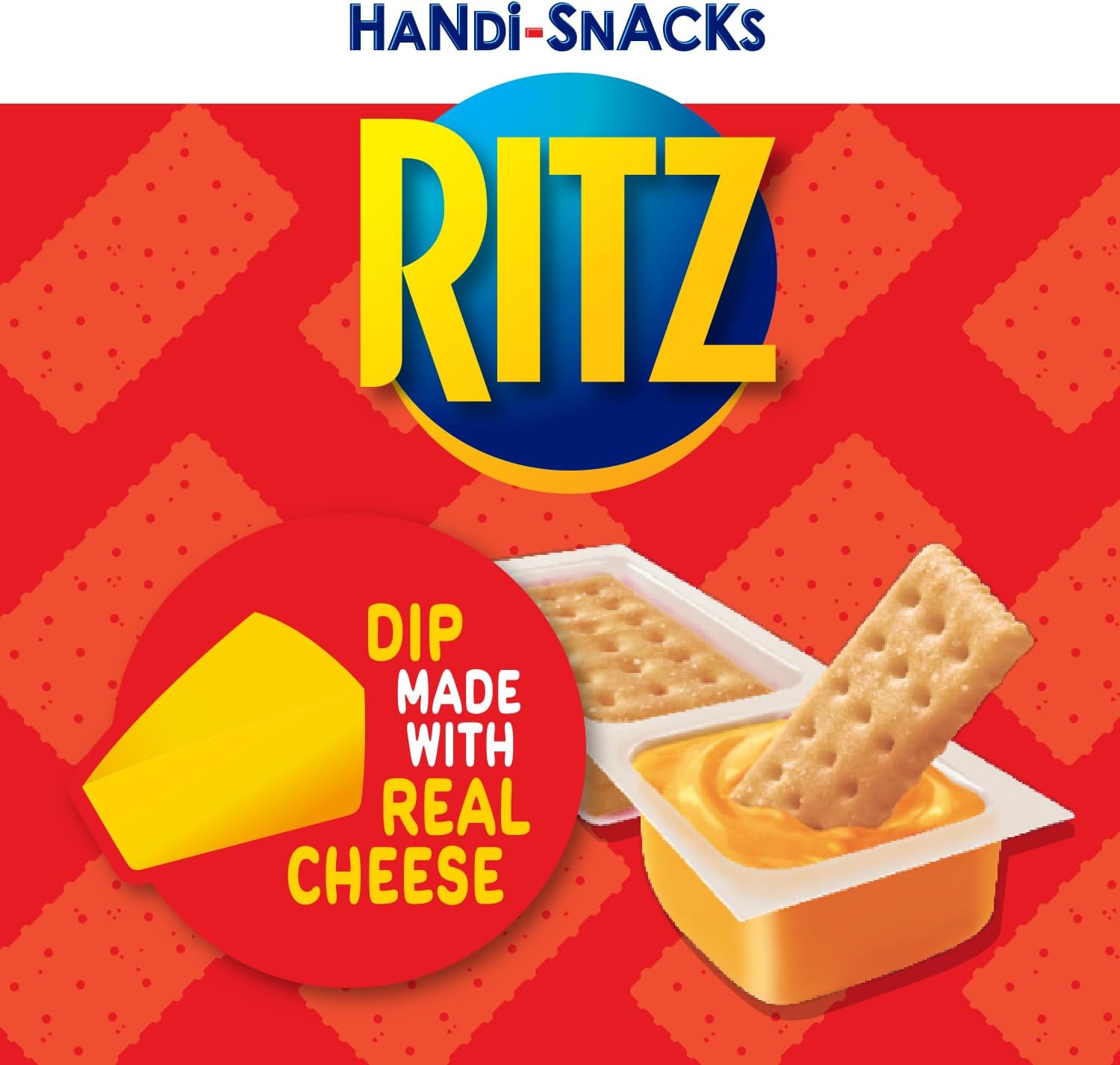 Ritz Handi-Snacks Crackers & Cheese Flavored Dip, (10x27g), 270g/9.5 oz - Ritz cracker with cheese dip on a red background with Ritz logo.