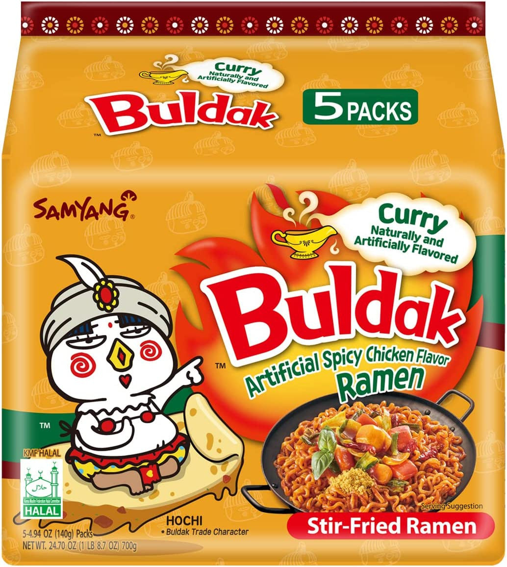 Samyang Buldak Korean Curry Hot Spicy Chicken Stir-Fried Ramen Noodles, 700g/24.7 oz. (5 x 140g/4.9 oz.), Bag {Imported from Canada}