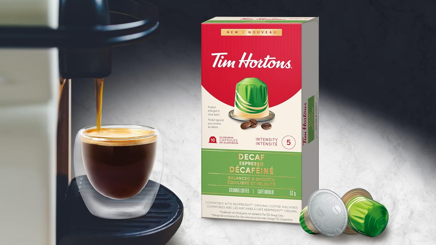 Tim Hortons Decaf Espresso, Rich & Refined Coffee, Nespresso Aluminum Capsules, 10 Capsules, 52g/1.8 oz Box {Imported from Canada}