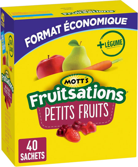 Mott's Fruitsations + Veggie Berry Gummies, 40 Pouches - 907g packaging with colorful graphics of fruits and vegetables on a yellow background.