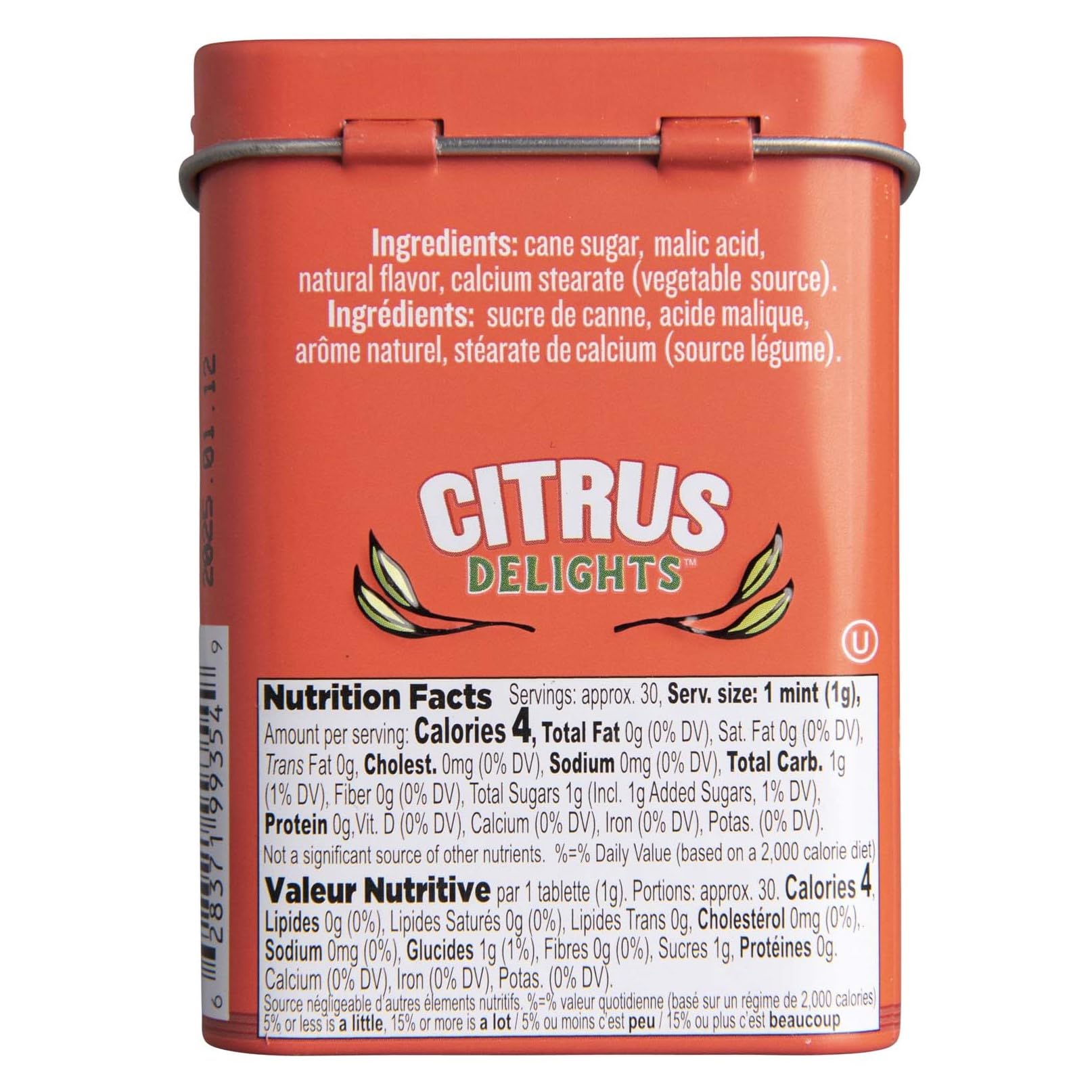 Citrus Delights Candy Pastilles, Mayer Lemon Flavor, 30g/1.07 oz. Tin, back of tin.