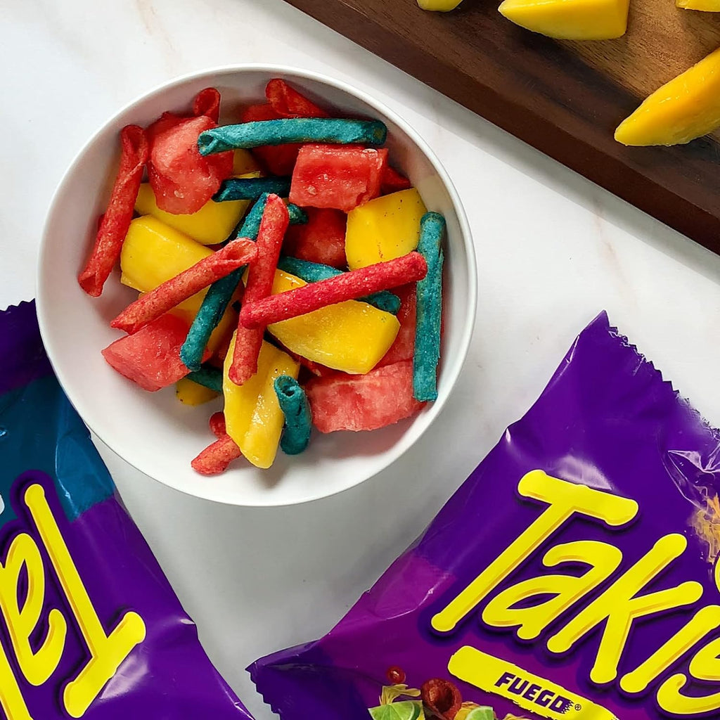 Takis Blue Heat Rolled Tortilla Chips, 80g, takis in a bowl.