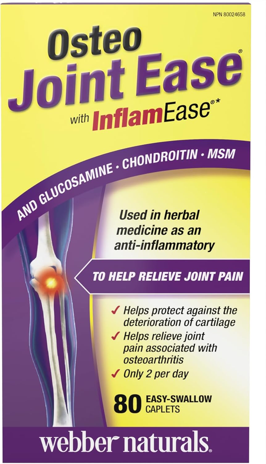 Osteo Joint Ease with InflamEase supplement packaging by Webber Naturals on a yellow and purple background.