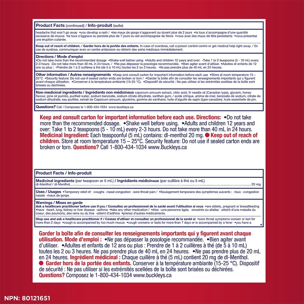 Product facts for Buckley's Cough & Congestion + Sore Throat Syrup, Soothing Mixture With Honey - 250mL on a red background