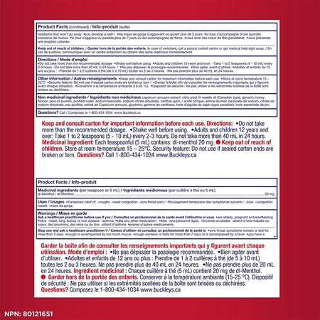 Product facts for Buckley's Cough & Congestion + Sore Throat Syrup, Soothing Mixture With Honey - 250mL on a red background