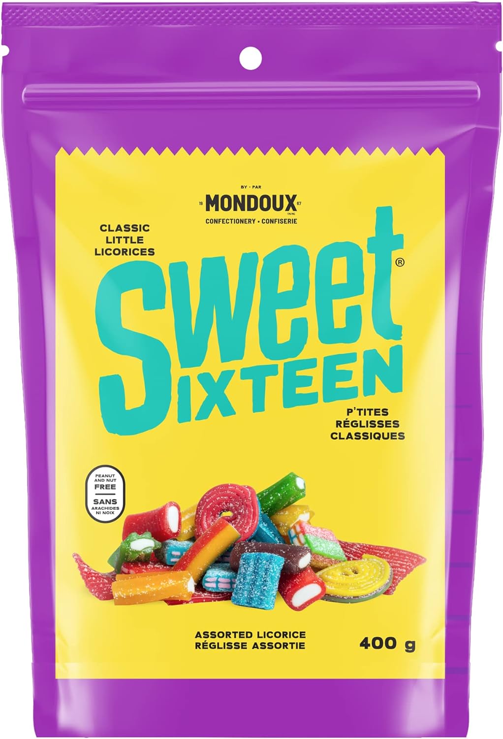 Mondoux Sweet Sixteen, Assorted Licorice Gummy Candy, 400g, front of bag.