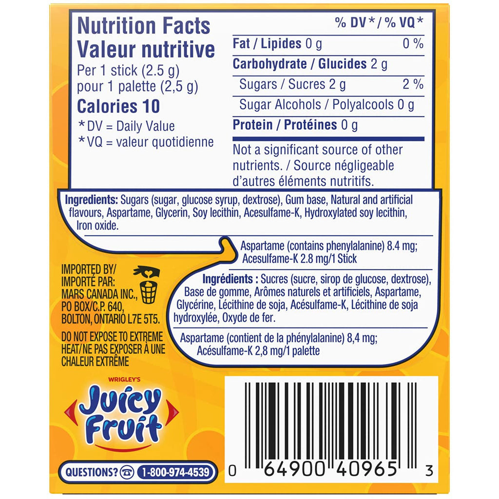 Wrigleys Juicy Fruit Original Stick Gum - 10x15/150ct {Imported from Canada}