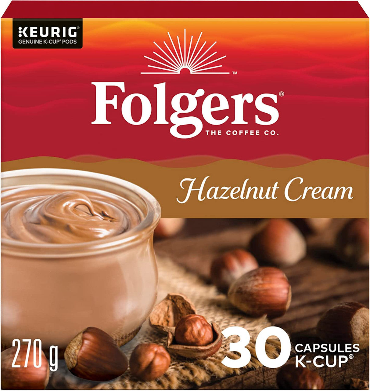 Folgers Hazelnut Cream Coffee K-cups, 30 Count, 270g/9.5 oz. Box {Imported from Canada}