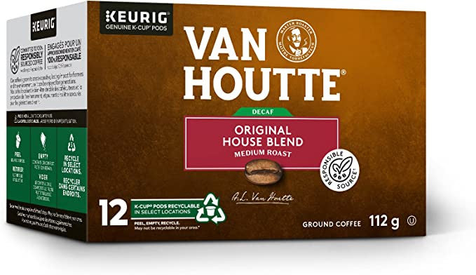 Van Houtte House Blend Decaf Coffee, 12 K-Cups, 1 Box {Imported from Canada}