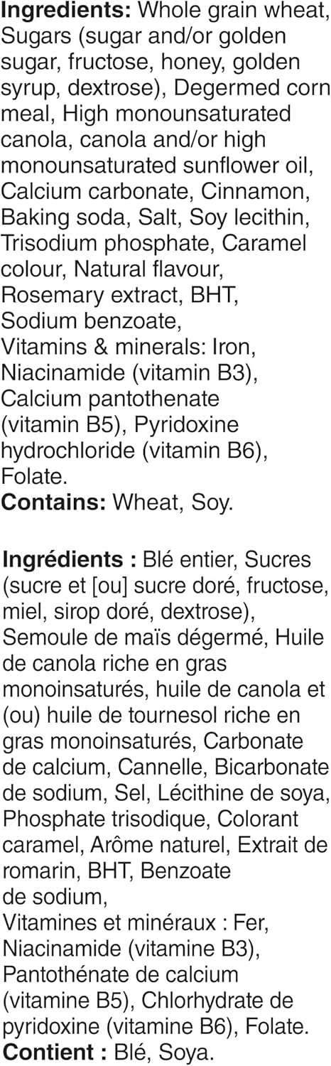 List of ingredients with allergens and additional information for CinnaGRAHAM Toast Crunch Cereal, 340g/11.9 oz on a white background