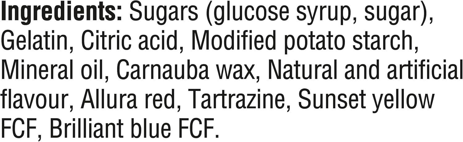 List of ingredients for Maynards Original Gummies Candy, 150g/5.2 oz including sugars, gelatin, citric acid, and various color additives on a black background.