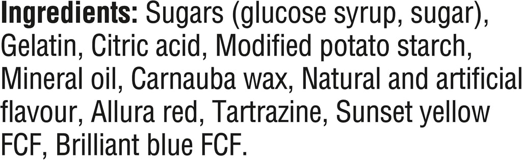 List of ingredients for Maynards Original Gummies Candy, 150g/5.2 oz including sugars, gelatin, citric acid, and various color additives on a black background.