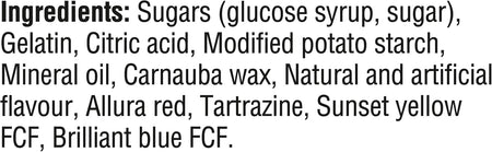 List of ingredients for Maynards Original Gummies Candy, 150g/5.2 oz including sugars, gelatin, citric acid, and various color additives on a black background.