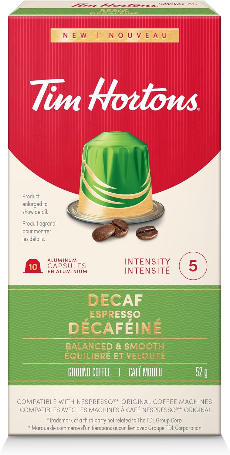 Tim Hortons Decaf Espresso, Rich & Refined Coffee, Nespresso Aluminum Capsules, 10 Capsules, 52g/1.8 oz Box {Imported from Canada}