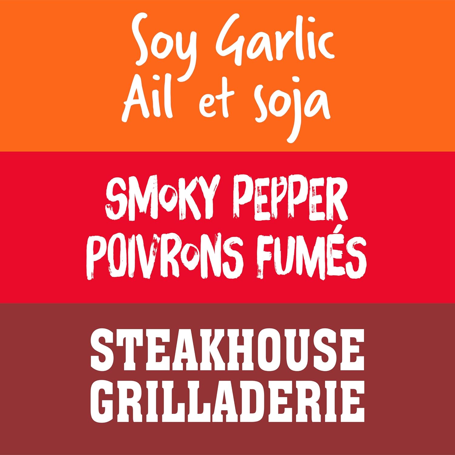 Three text labels on colored backgrounds: Soy Garlic, Smoky Pepper, and Steakhouse Grilladerie.