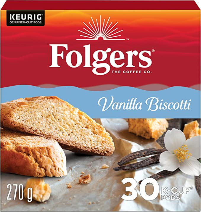 Folgers Vanilla Biscotti Coffee K-cups, 30 Count, 270g/9.5 oz. Box {Imported from Canada}