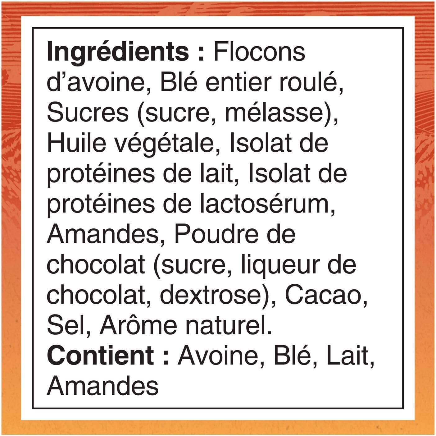 Quaker Harvest Crunch Protein Cereal, Oat, Chocolate & Almond, ingredients label, french