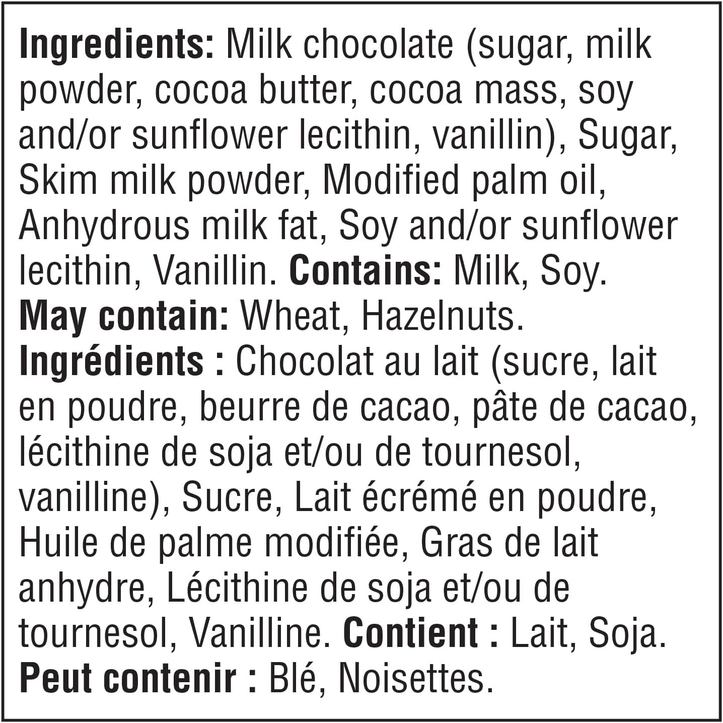 Kinder Mini Eggs With Milky Filling, 182g/6.4 oz. - Ingredients Label