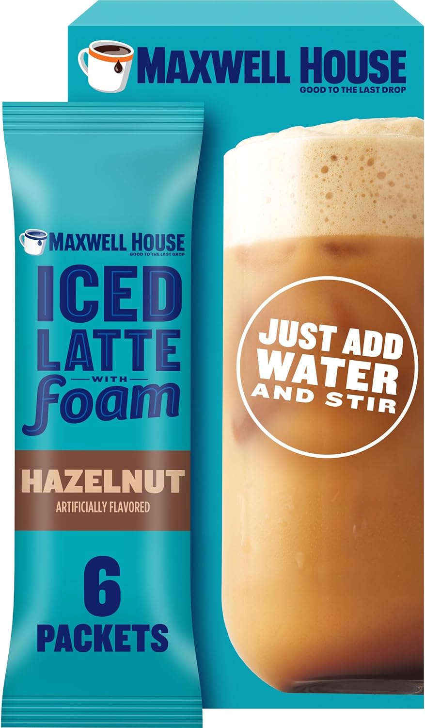 Maxwell House Iced Latte with Foam, Hazelnut Flavored, 6 packets, 165g/6 oz. Box
