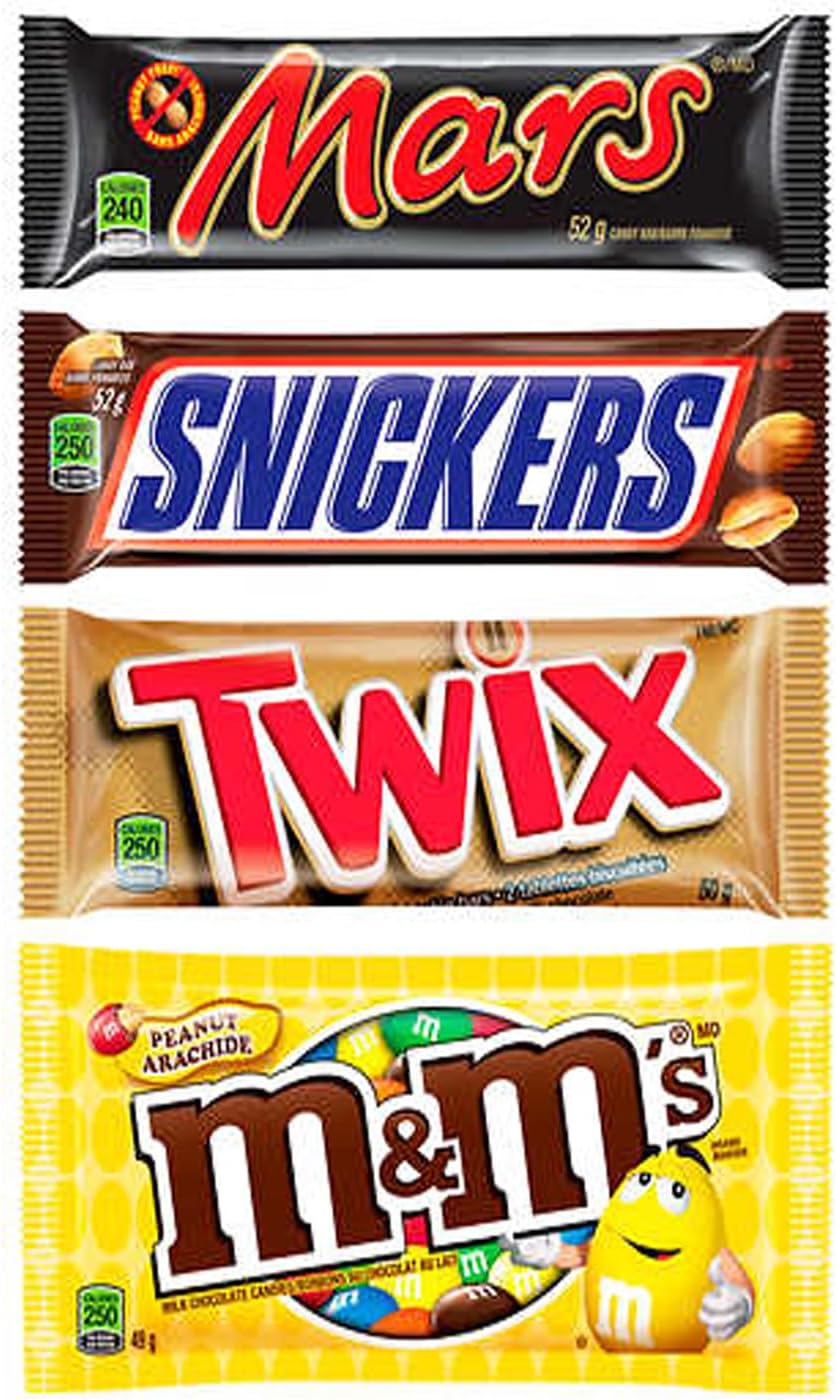 Four candy bars from Mars: Mars, Snickers, Twix, and M&M's.