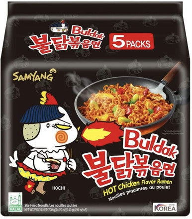 Samyang Buldak Korean Hot Spicy Chicken Stir-Fried Ramen Noodles, 700g/24.7 oz. (5 x 140g/4.9 oz.), Bag {Imported from Canada}