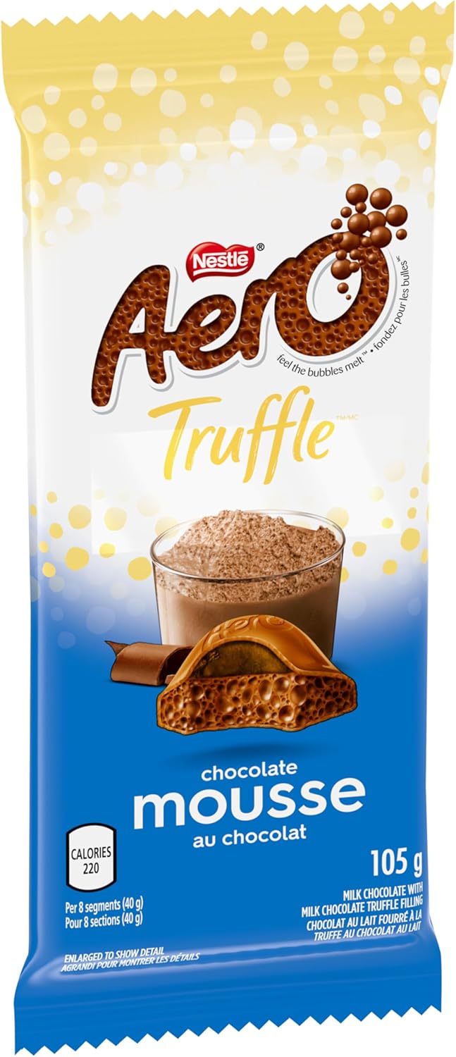 Angle of a Nestle AERO Truffle Mousse Milk Chocolate Bar - 105g packaging with Nestle logo