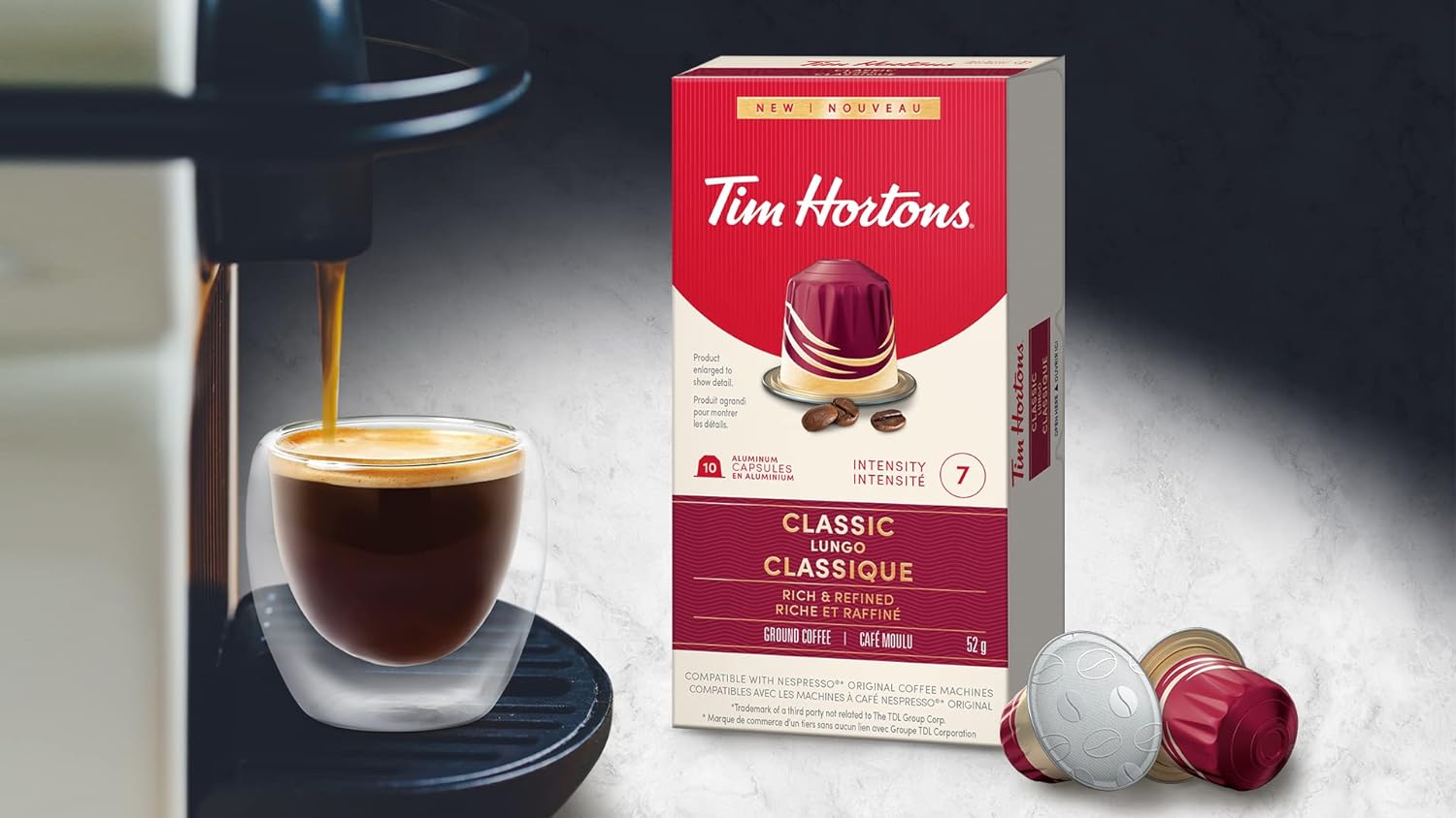 Tim Hortons Classic Lungo, Rich & Refined Coffee, Nespresso Aluminum Capsules, 10 Capsules, 52g/1.8 oz