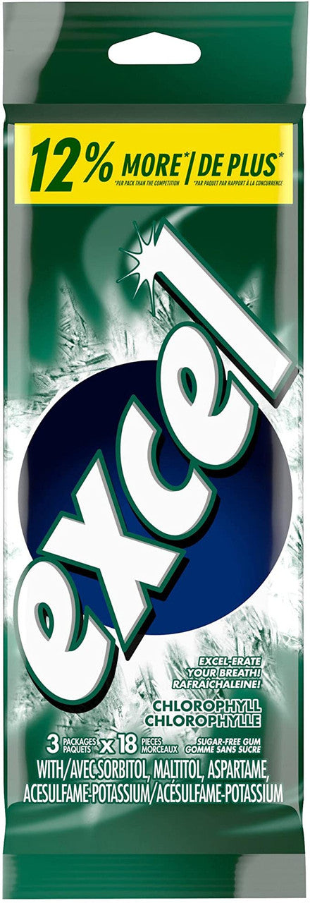 Excel Sugar Free Gum Chlorophyll 3-Pack, 18 pieces each {Imported from Canada}