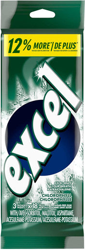 Excel Sugar Free Gum Chlorophyll 3-Pack, 18 pieces each {Imported from Canada}