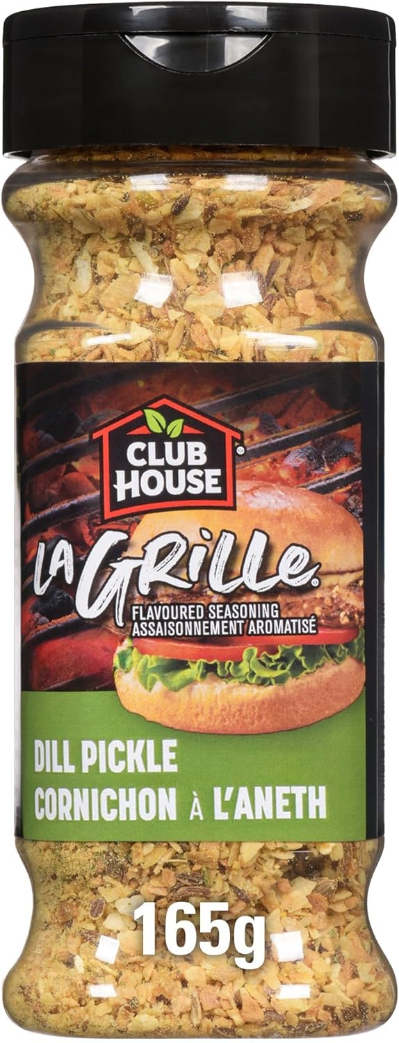 Jar of Club House La Grille Dill Pickle seasoning with label and product image.