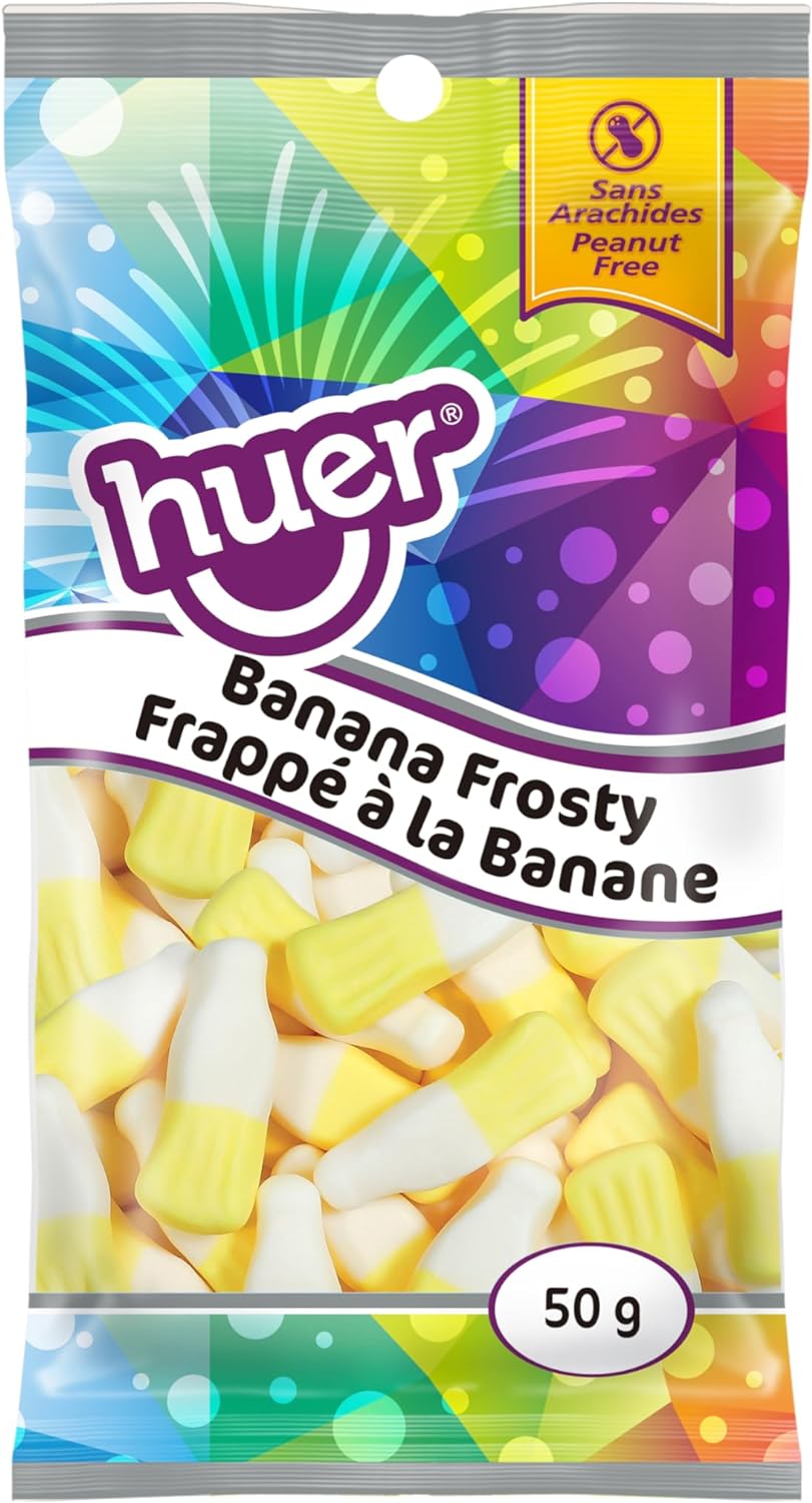 Huer Banana Frosty Gummies, 50g/1.8 oz., front of bag.