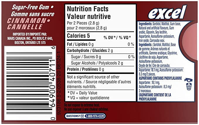 Excel Sugar-Free Gum, Cinnamon Inferno, 3-Pack, 18 pieces each {Imported from Canada}