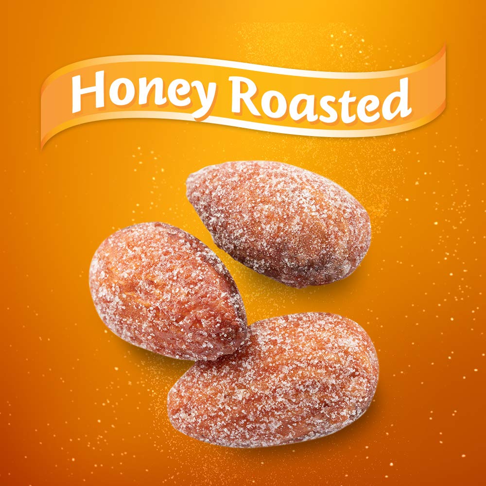 Three honey roasted almonds on an orange background with 'Honey Roasted' text.