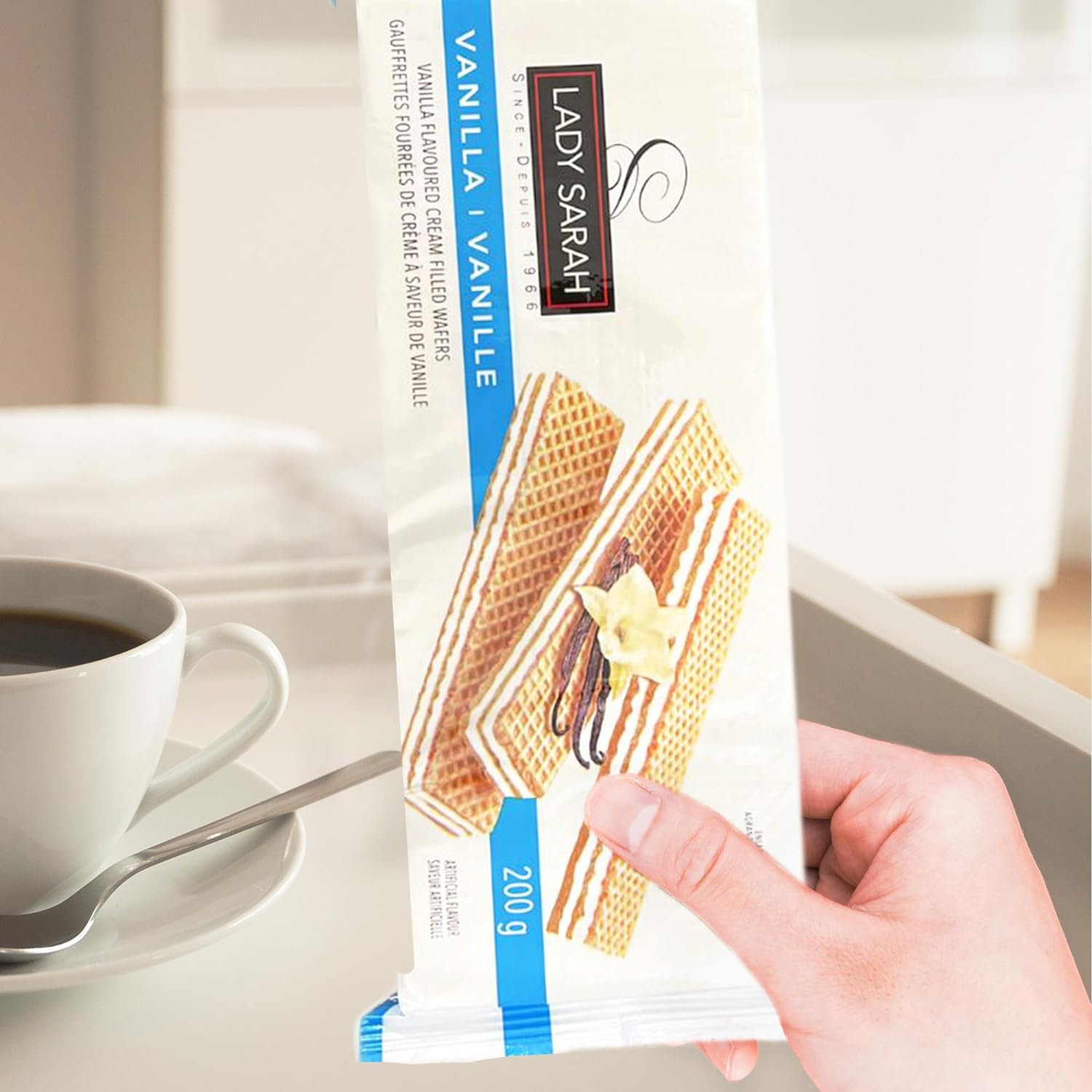 Lady Sarah Vanilla Flavored Cream Filled Wafers, 200g, front of package.