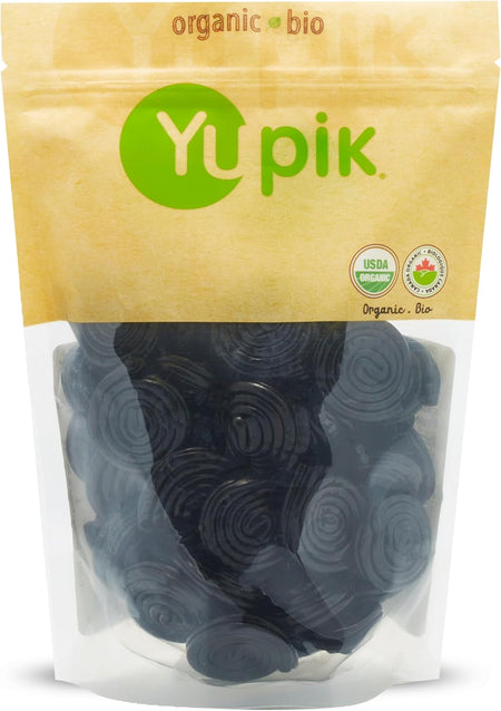 Yupik Organic Black Licorice Helix Rolls Candy - 500g packaging with black swirl-shaped items inside.