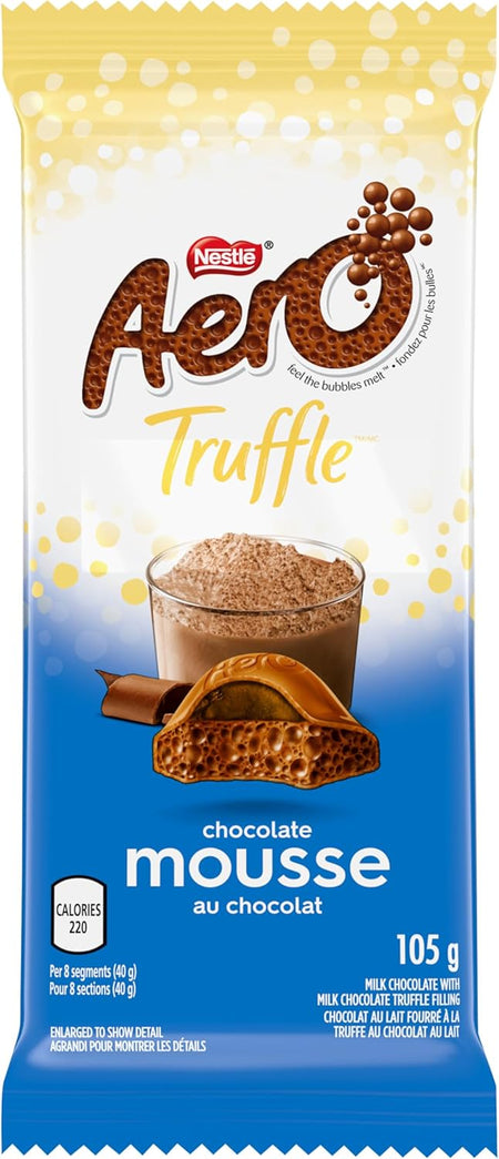 Nestle AERO Truffle Mousse Milk Chocolate Bar - 105g/3.7 oz packaging with a glass of chocolate mousse and a wafer.