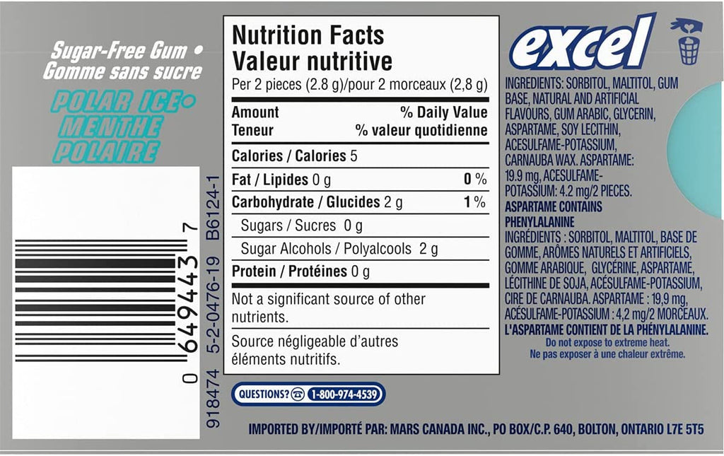 Excel Sugar Free Gum Polar Ice, 3-Pack, 18 pieces each {Imported from Canada}