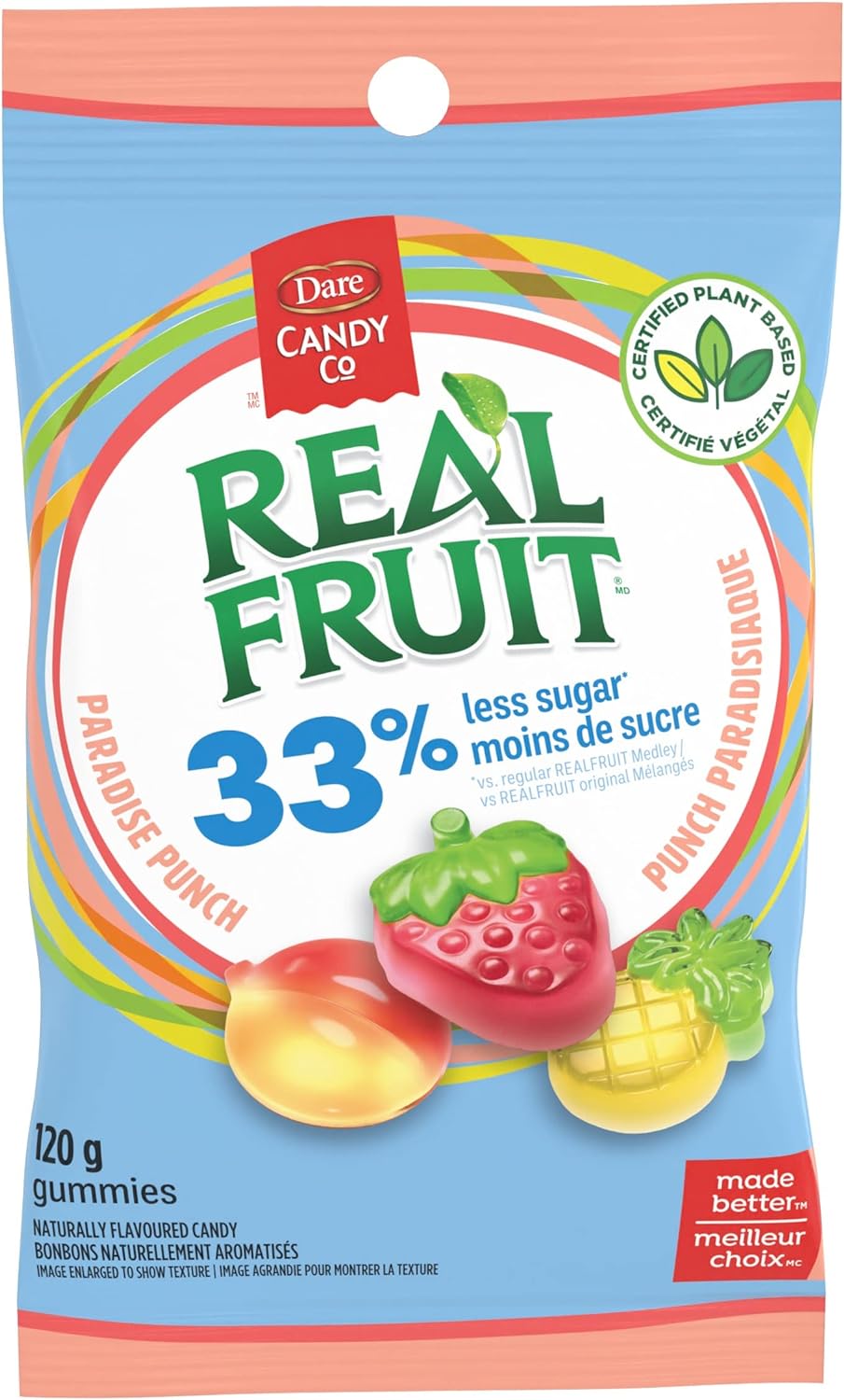 Dare Real Fruit Gummies, Paradise Punch, 120g, front of bag.