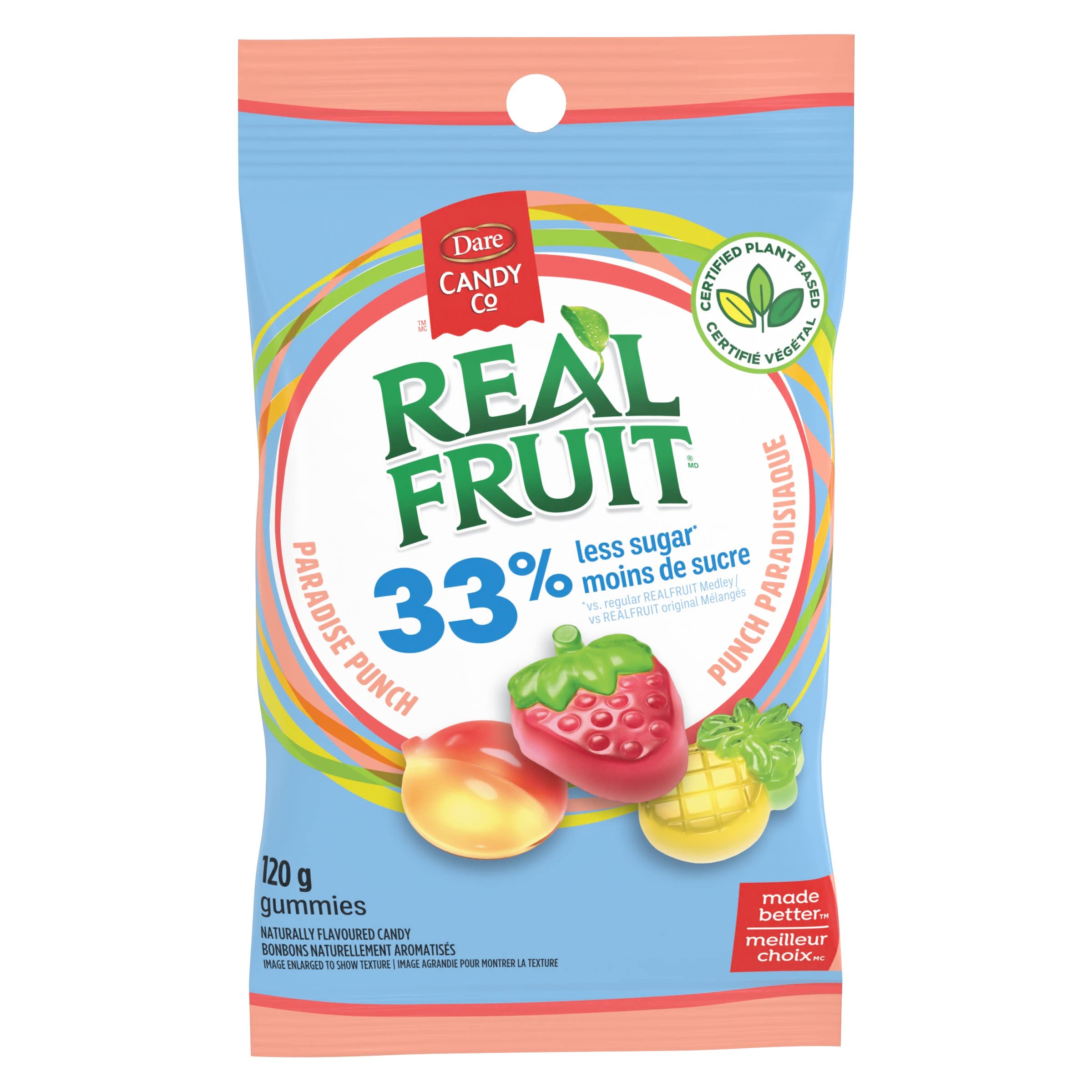 Dare Real Fruit Gummies, Paradise Punch, 120g, front of bag.