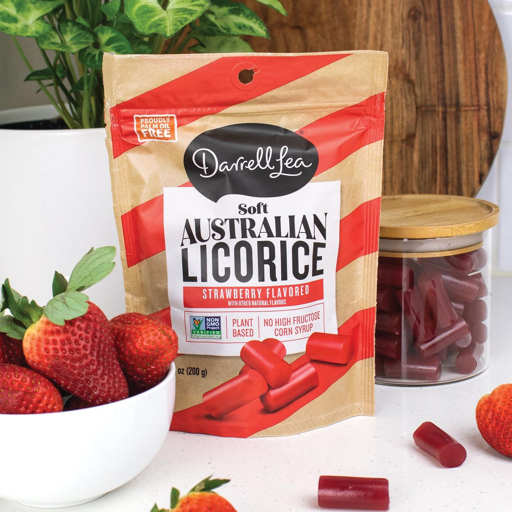 Darrell Lea Soft Australian Plant Based Liquorice, Strawberry Flavor, 200g/7 oz. Bag