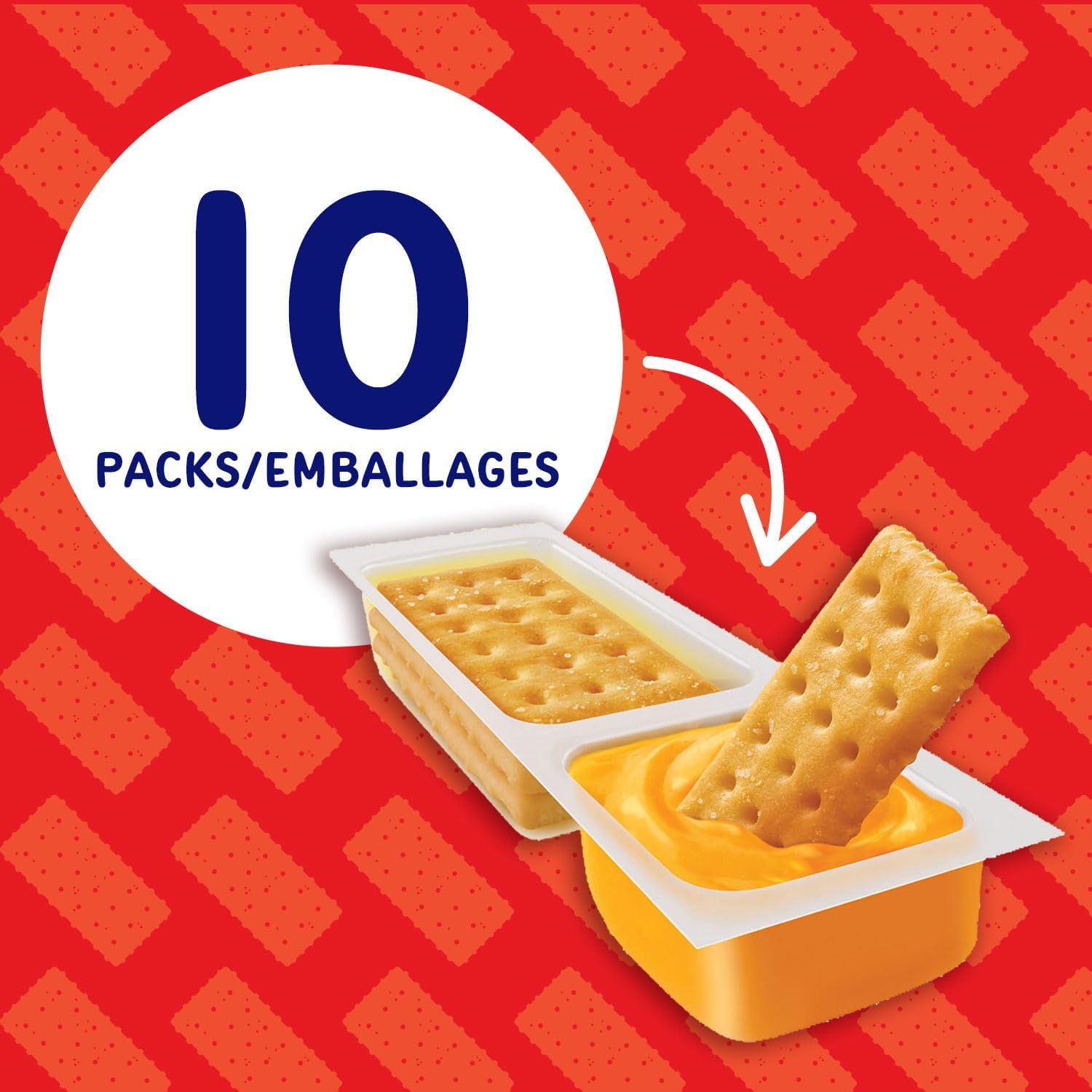 Ritz Handi-Snacks Crackers & Cheese Flavored Dip, (10x27g), 270g/9.5 oz - Promotional graphic for 10 packs of crackers with cheese, on a red background with cracker pattern.