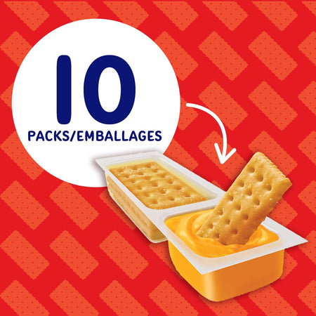 Ritz Handi-Snacks Crackers & Cheese Flavored Dip, (10x27g), 270g/9.5 oz - Promotional graphic for 10 packs of crackers with cheese, on a red background with cracker pattern.